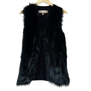 Sebby Collection Faux Fur Vest Womens M Black Knit Open Front Cozy Glam Vegan